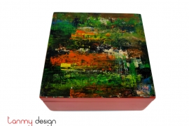 Orange square lacquer box with abstract hand-painting 15 cm